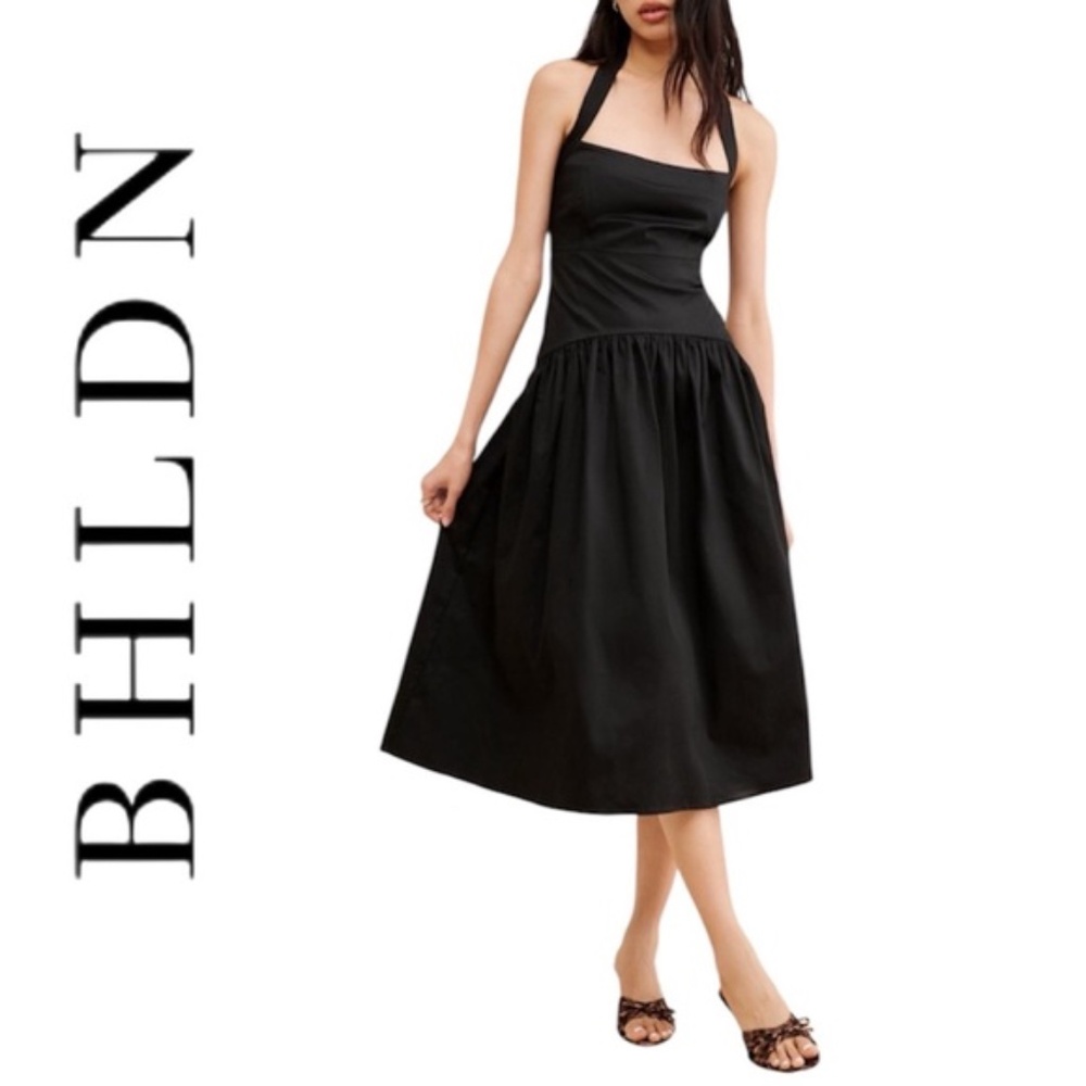 BHLDN 'Zetta' Drop-Waist Midi Halter Dress in Black (NWT)